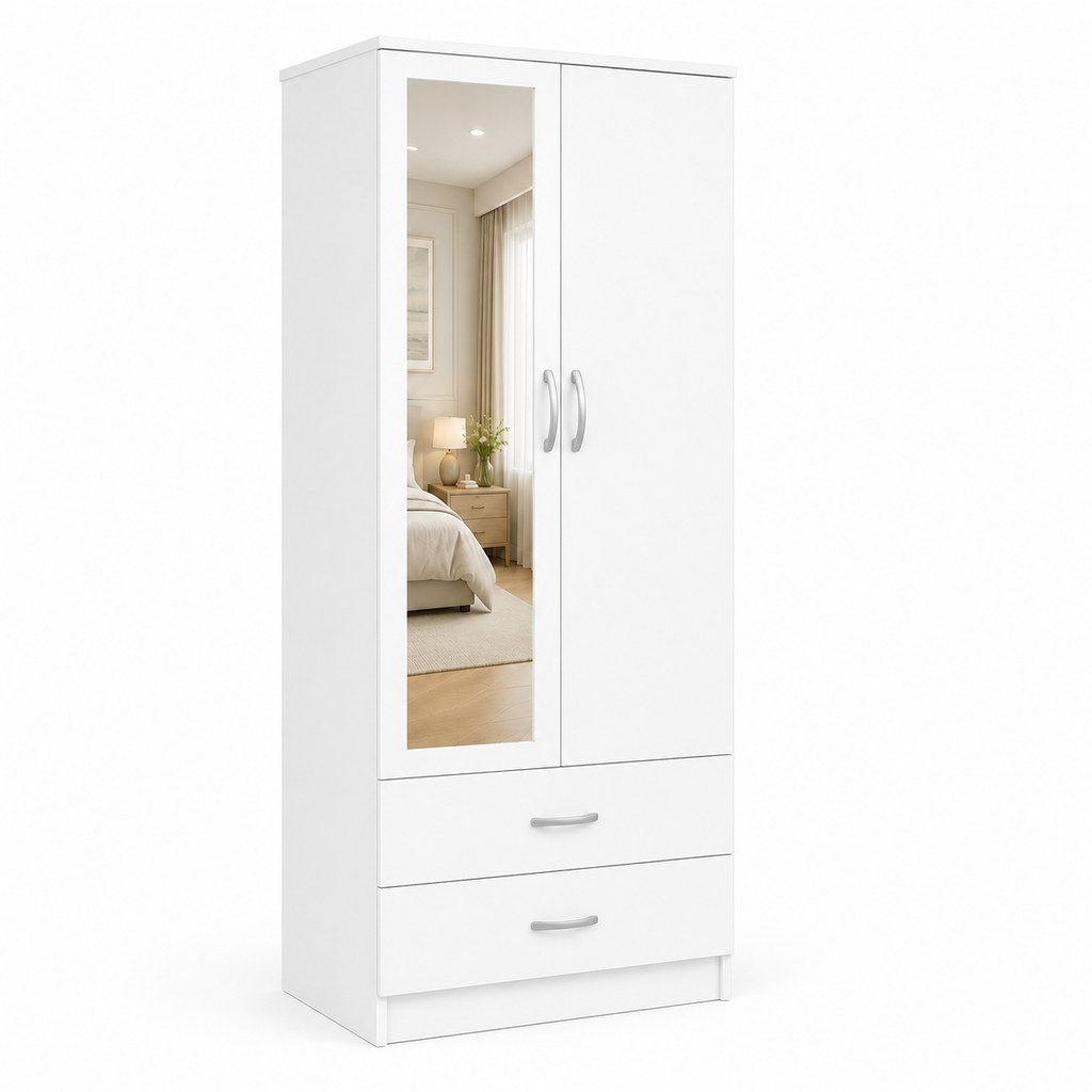 2 Door Wardrobe with 2 Drawers White | Compact Essentials - Detailed Angle View 3