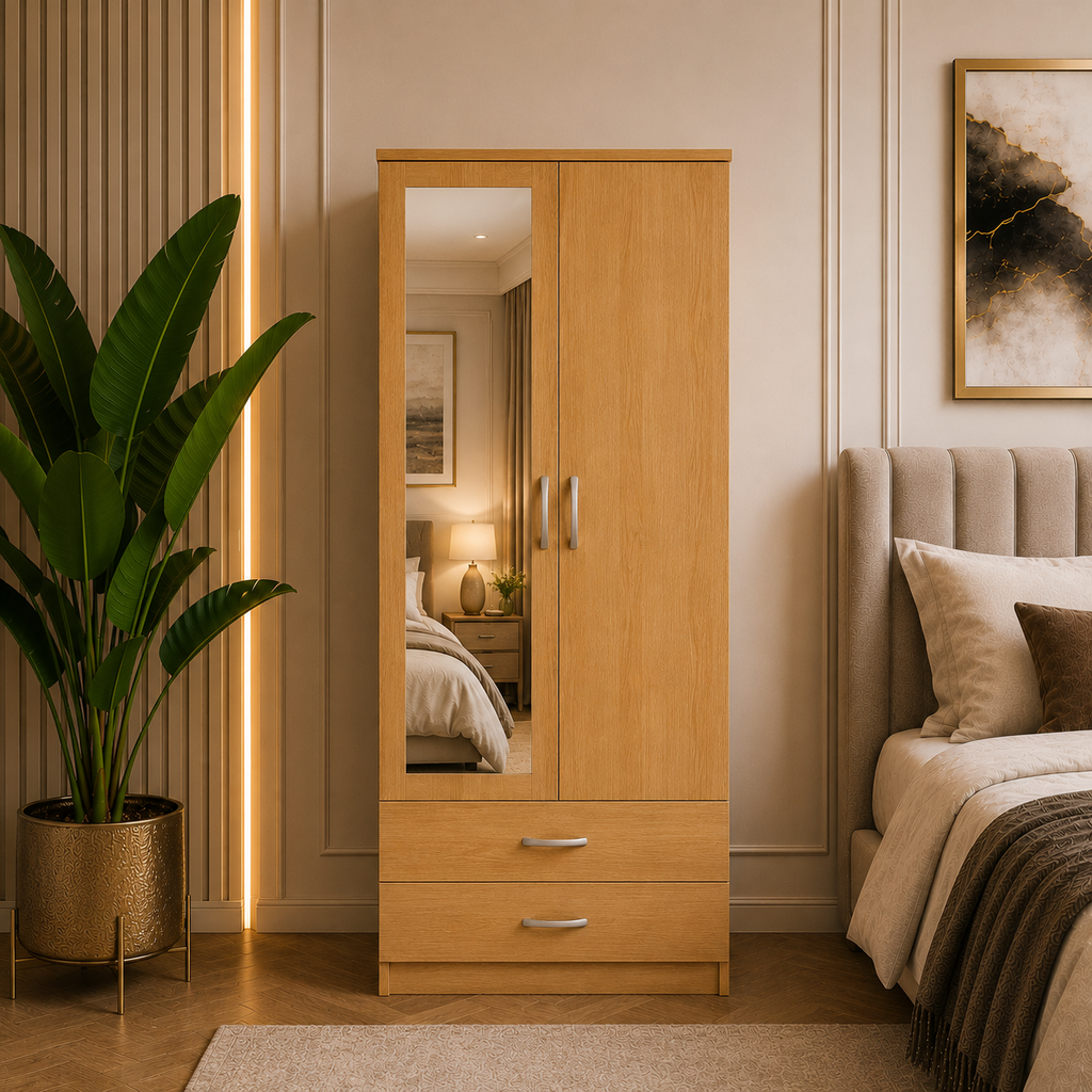 2 Door Wardrobe with 2 Drawers Oak | Boutique Station - Detailed Angle View 6