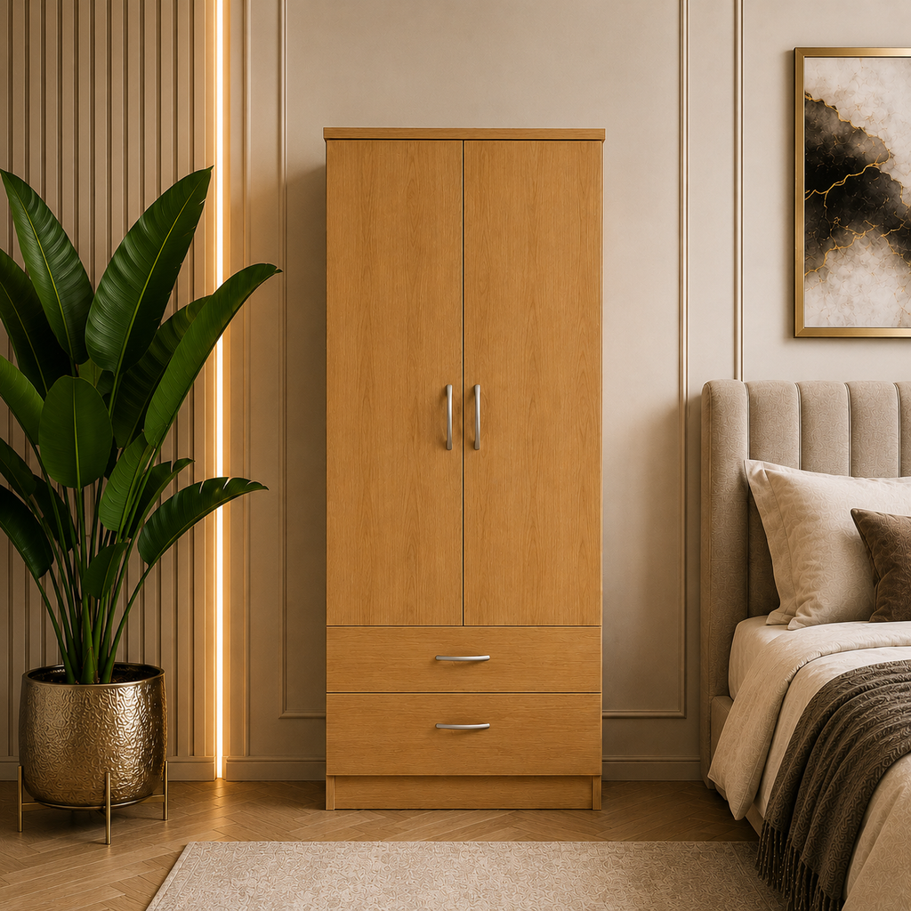 2 Door Wardrobe with 2 Drawers Oak | Boutique Station - Detailed Angle View 5