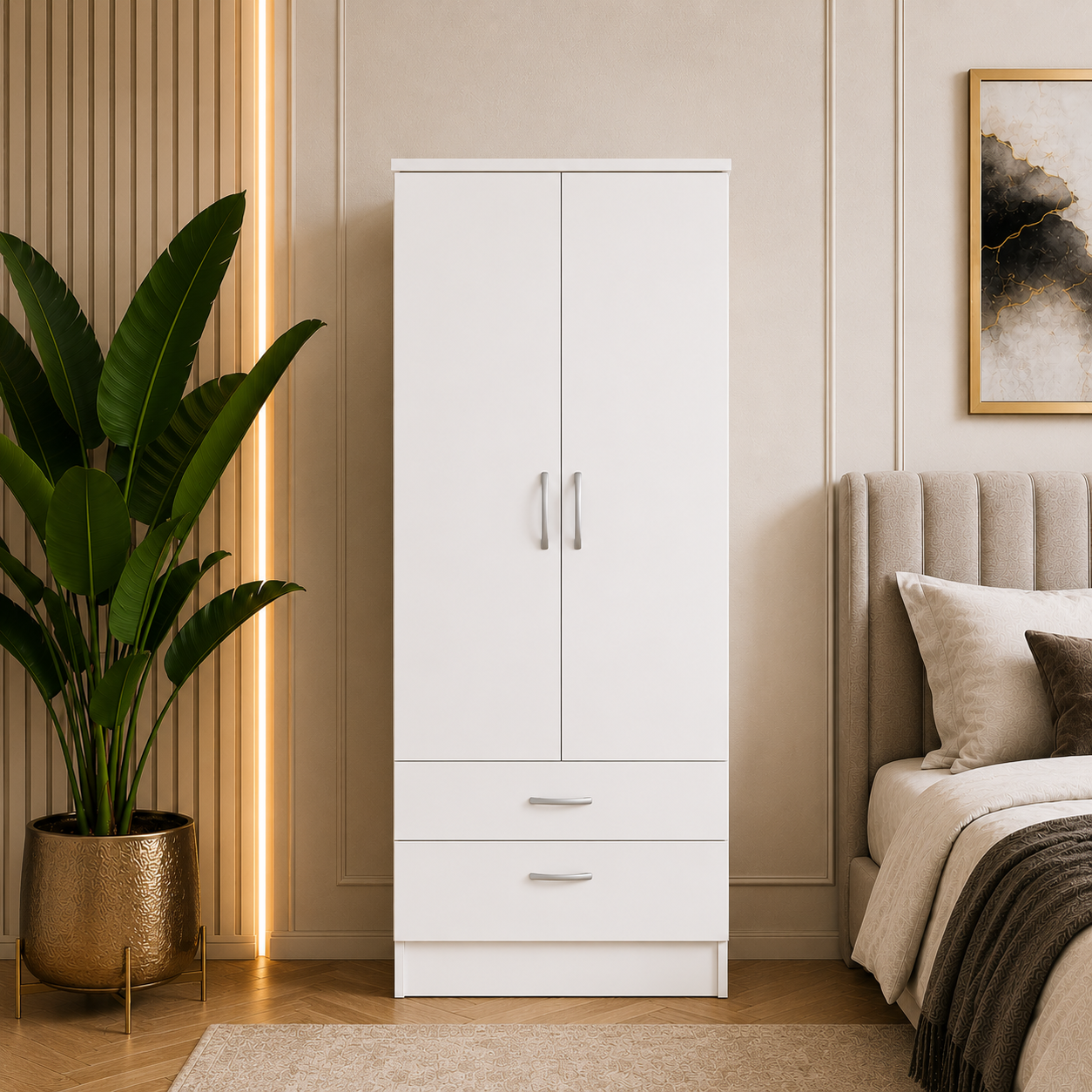 2 Door Wardrobe with 2 Drawers White | Compact Essentials - Detailed Angle View 6