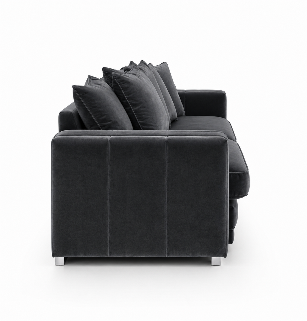 Ruby Alaska 3 Seater Plush Velvet Dark Grey Sofa - Detailed Angle View 2