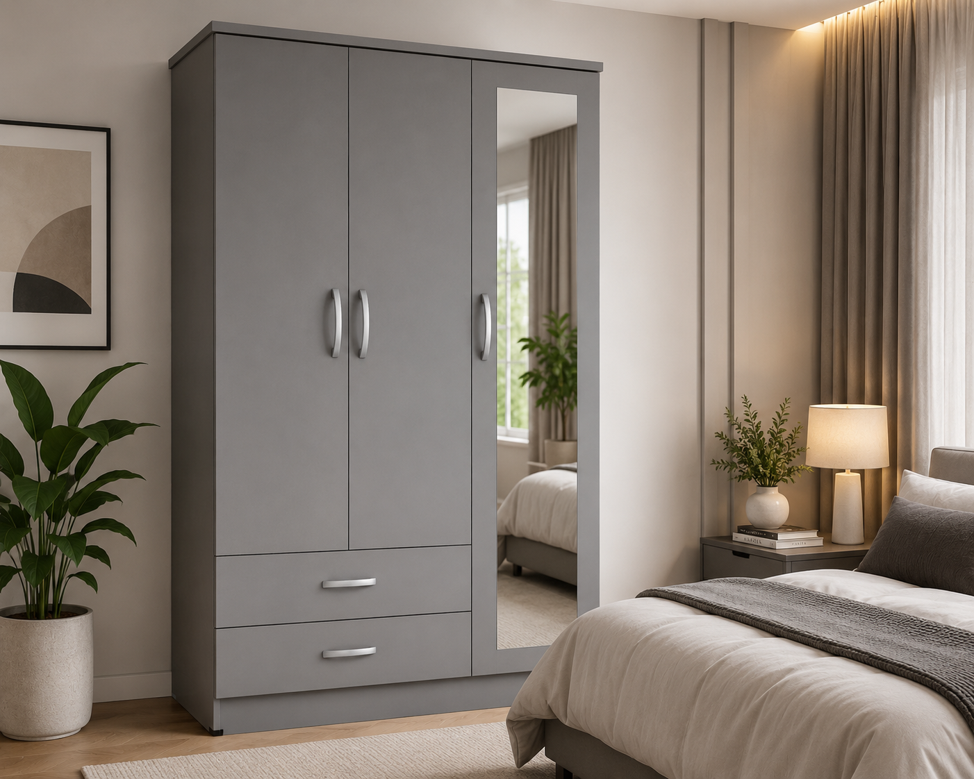 3 Door Wardrobe Gray | Premium Triple Suite - Detailed Angle View 3