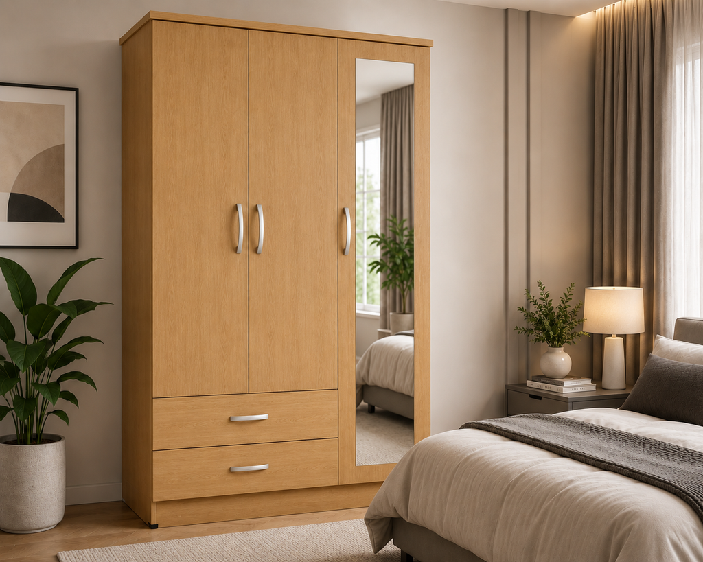 3 Door Wardrobe Oak | The Natural Master Sanctuary - Detailed Angle View 4