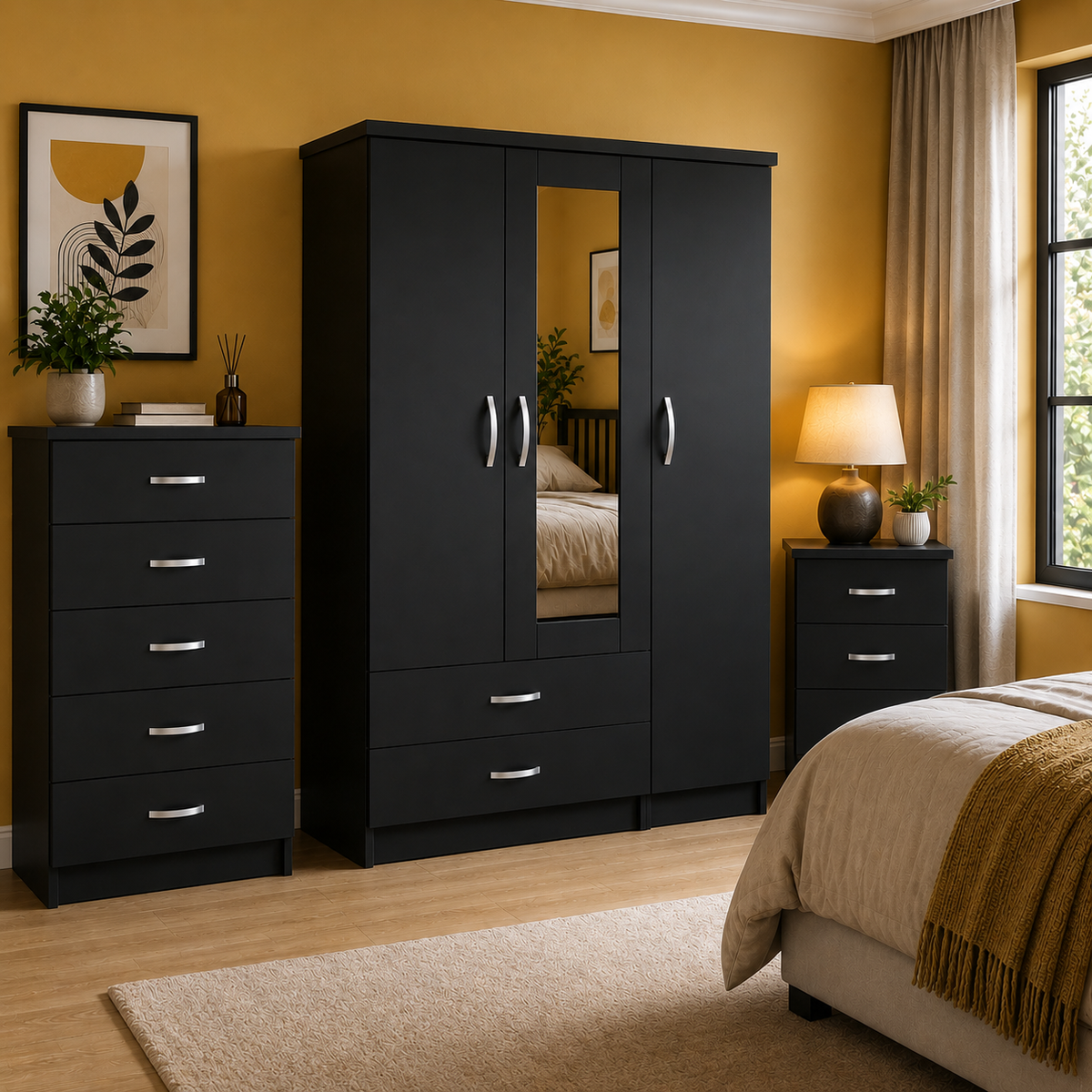 3 Door Wardrobe Set Black | The Executive Triple Suite - Detailed Angle View 4
