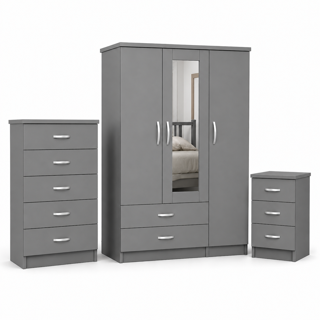3 Door Wardrobe Set Gray | The Contemporary Triple Suite - Detailed Angle View 2