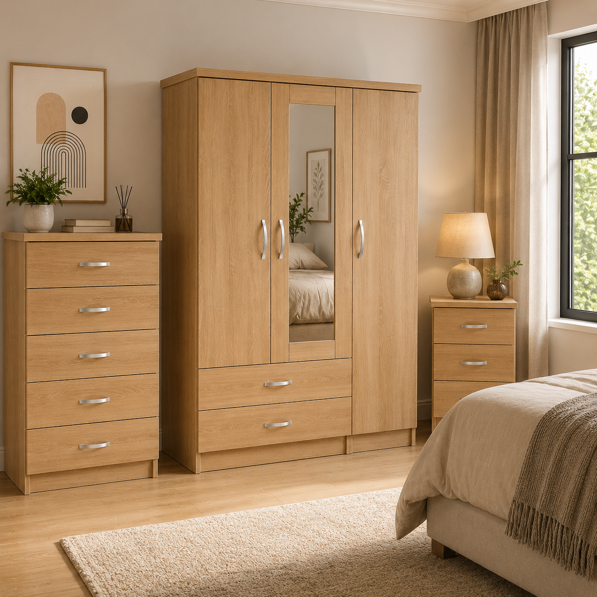 3 Door Wardrobe Set Oak | The Natural Master Suite - Detailed Angle View 4