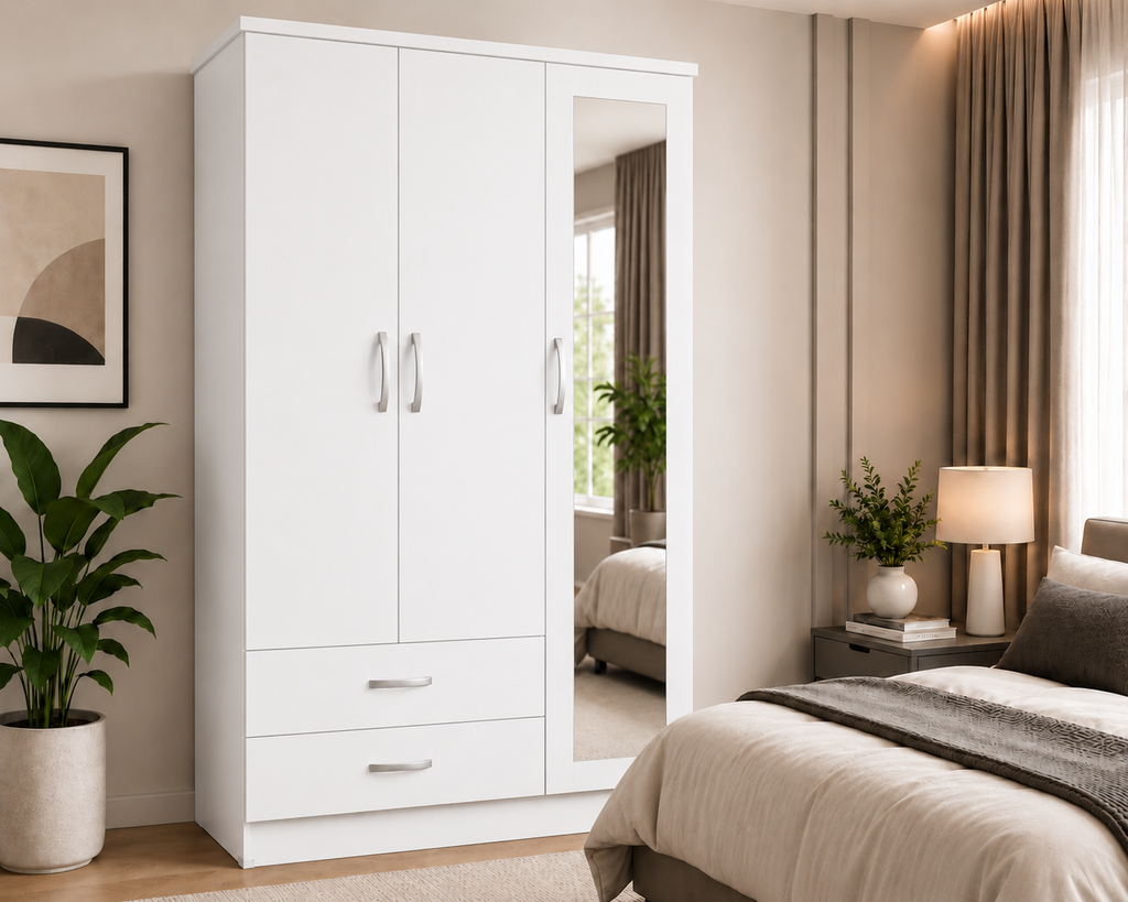 3 Door Wardrobe White | Triple Storage Master - Detailed Angle View 4