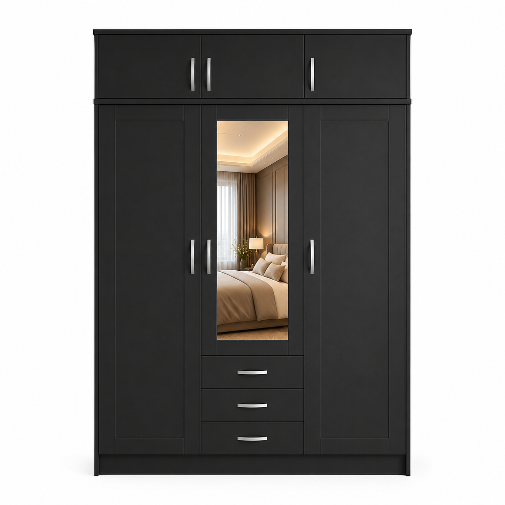 3 Door Wardrobe With Topbox Black | Best Compact Storage - Luxury UK Living Room Showcase