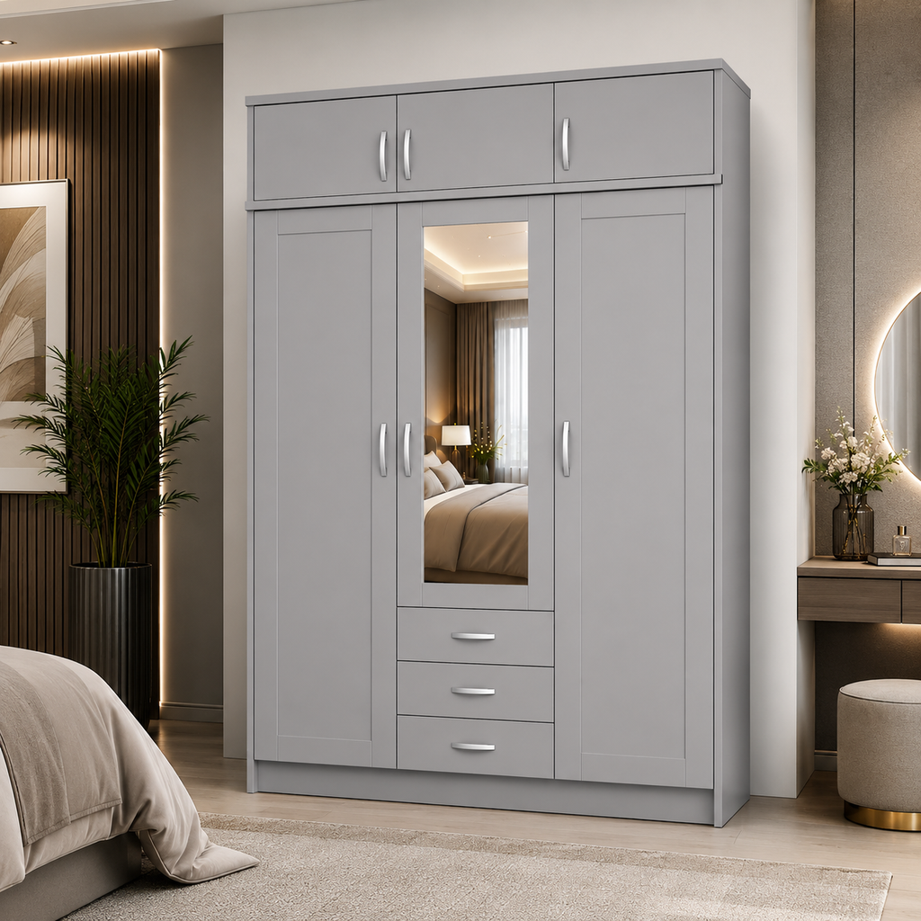 3 Door Wardrobe With Topbox Gray | Elegant Choice - Detailed Angle View 4