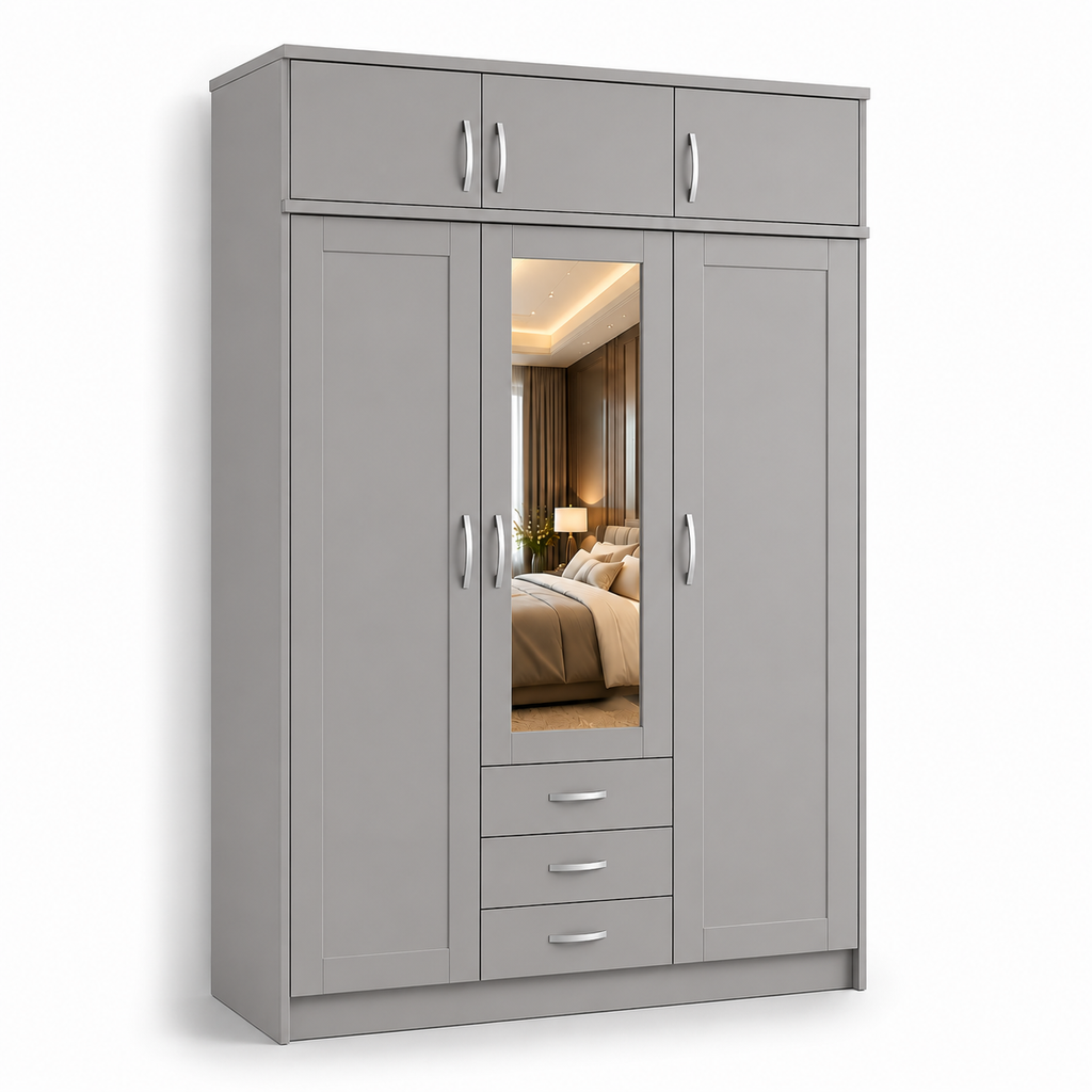 3 Door Wardrobe With Topbox Gray | Elegant Choice - Detailed Angle View 2