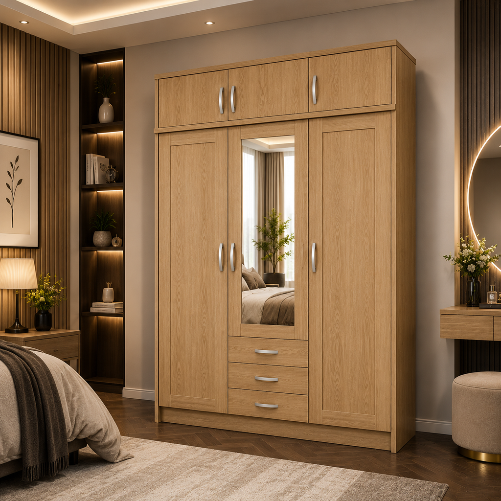 3 Door Wardrobe With Topbox Oak | Unique & Trending Choice - Detailed Angle View 4
