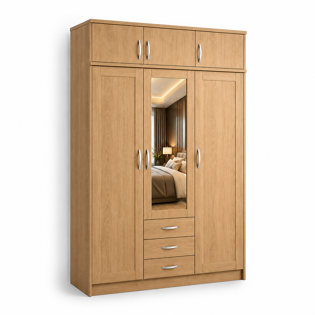 3 Door Wardrobe With Topbox Oak | Unique & Trending Choice - Detailed Angle View 2