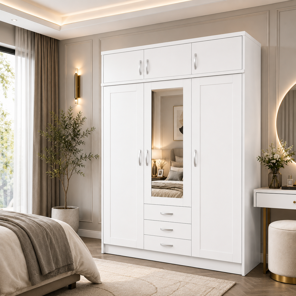 3 Door Wardrobe With Topbox White | Decent & Executive Choice - Detailed Angle View 4