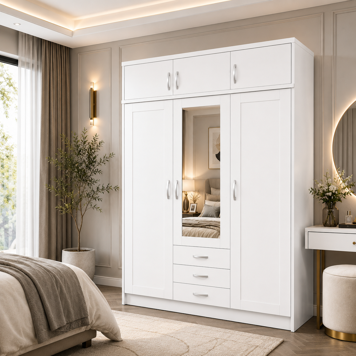 3 Door Wardrobe With Topbox White | Decent & Executive Choice - Detailed Angle View 4