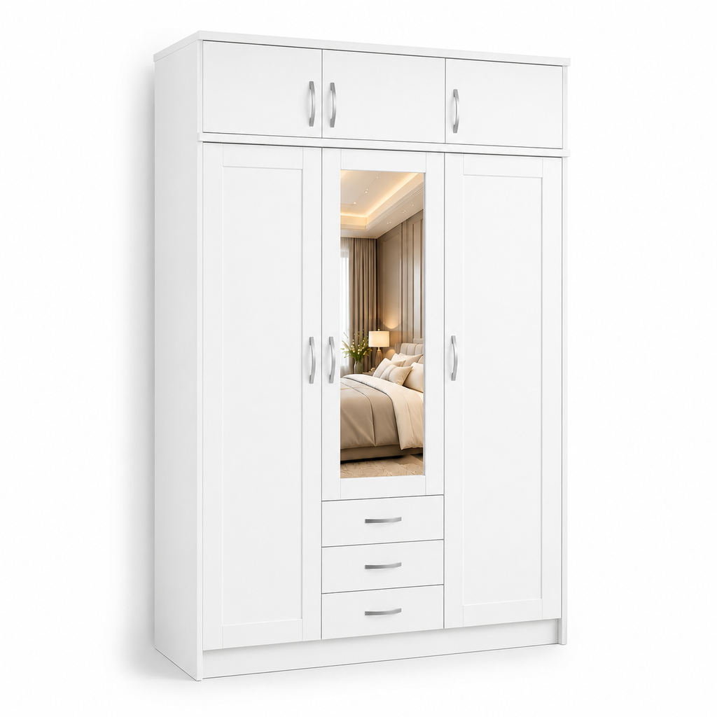 3 Door Wardrobe With Topbox White | Decent & Executive Choice - Detailed Angle View 2