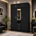 3 Door Wardrobe With Topbox Black | Best Compact Storage - Detailed Angle View 4