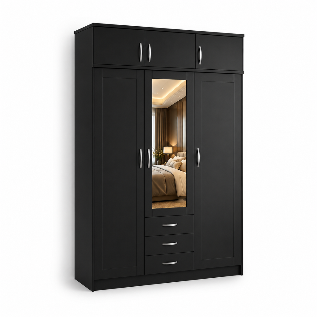 3 Door Wardrobe With Topbox Black | Best Compact Storage - Detailed Angle View 2