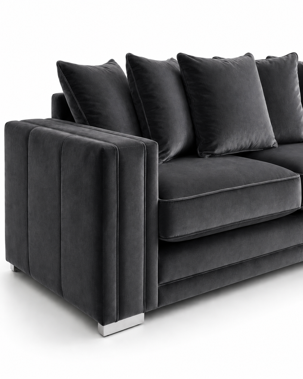 Ruby Alaska 3 Seater Plush Velvet Dark Grey Sofa - Detailed Angle View 3