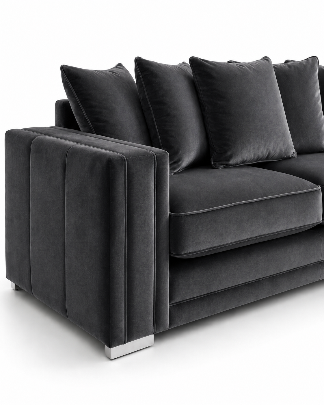 Ruby Alaska 3 Seater Plush Velvet Dark Grey Sofa - Detailed Angle View 3