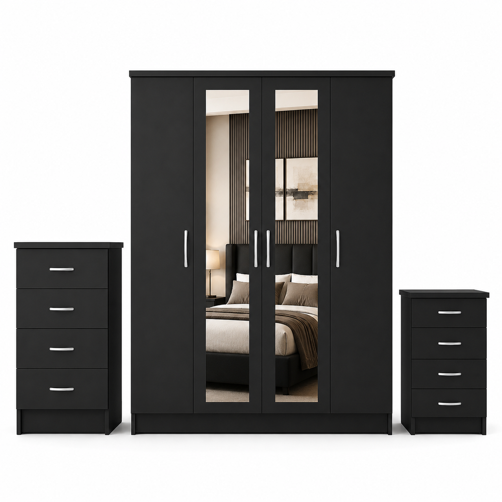 4 Door Wardrobe Set Black | Premium Choice for Family - Luxury UK Living Room Showcase