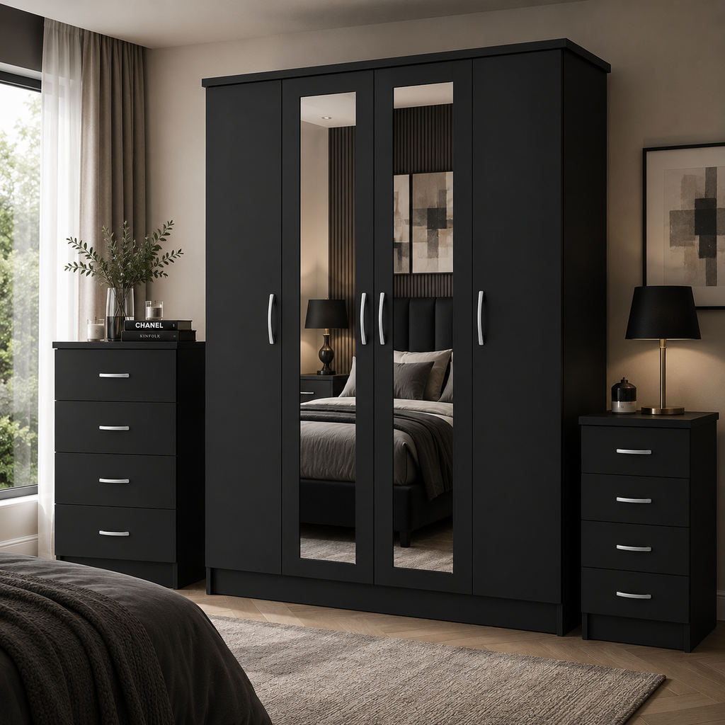 4 Door Wardrobe Set Black | Premium Choice for Family - Detailed Angle View 4