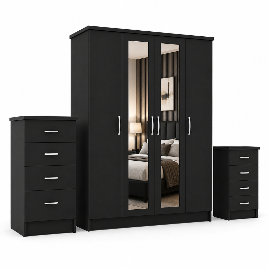 4 Door Wardrobe Set Black | Premium Choice for Family - Detailed Angle View 2
