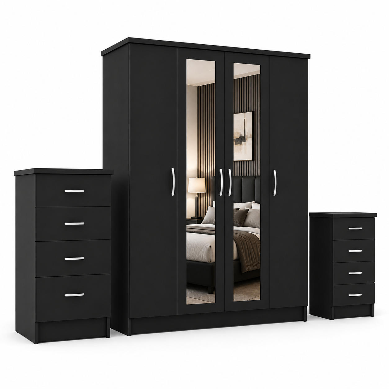 4 Door Wardrobe Set Black | Premium Choice for Family - Detailed Angle View 2