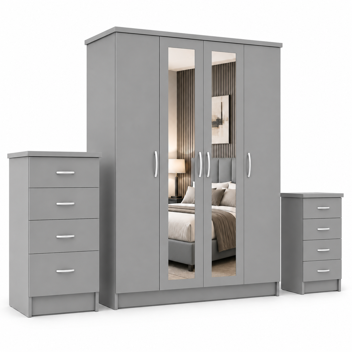 4 Door Wardrobe Set Gray | Stylish Family Storage - Detailed Angle View 2