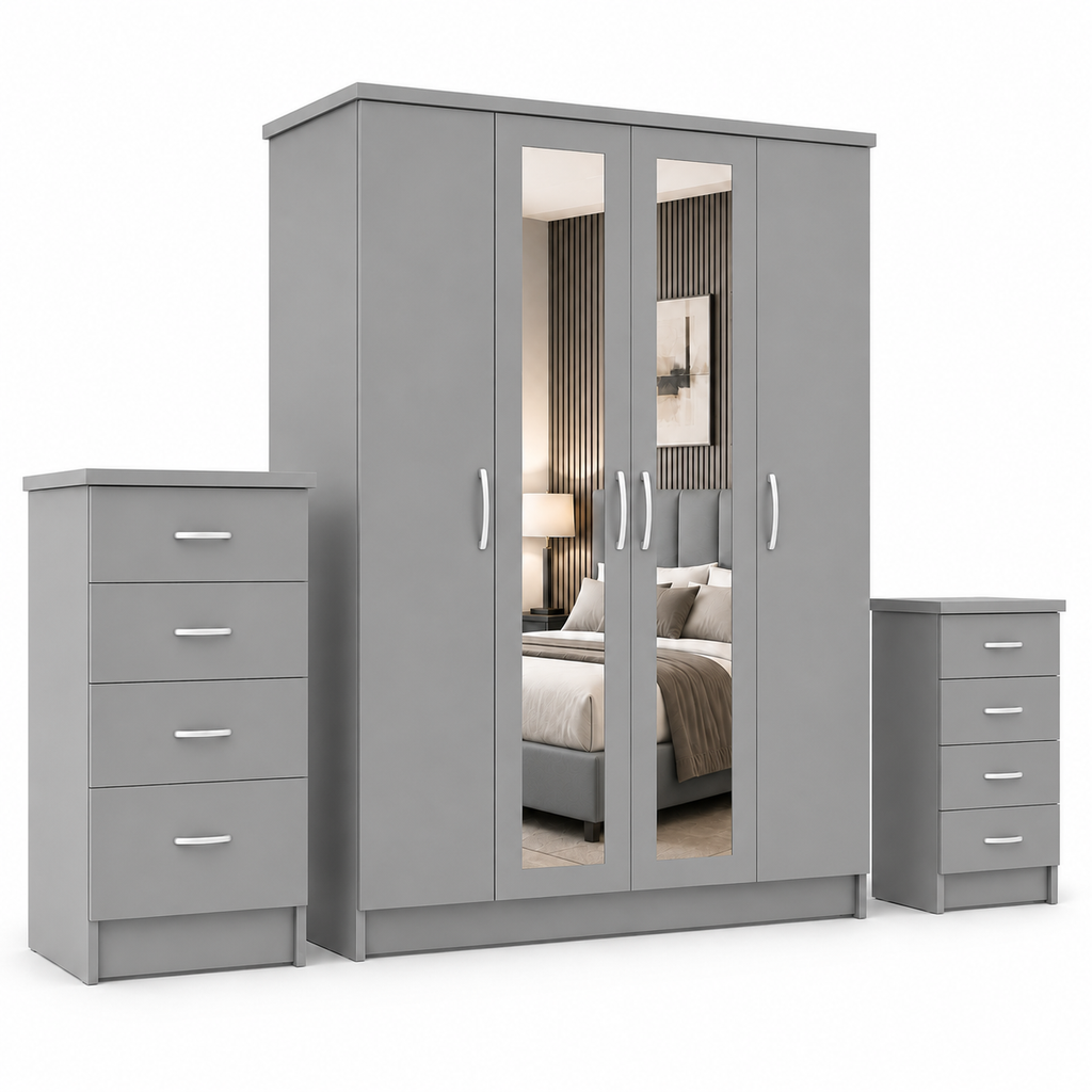 4 Door Wardrobe Set Gray | Stylish Family Storage - Detailed Angle View 2