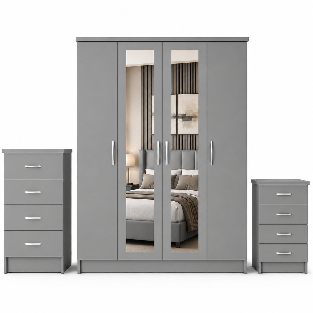 4 Door Wardrobe Set Gray | Stylish Family Storage - Luxury UK Living Room Showcase