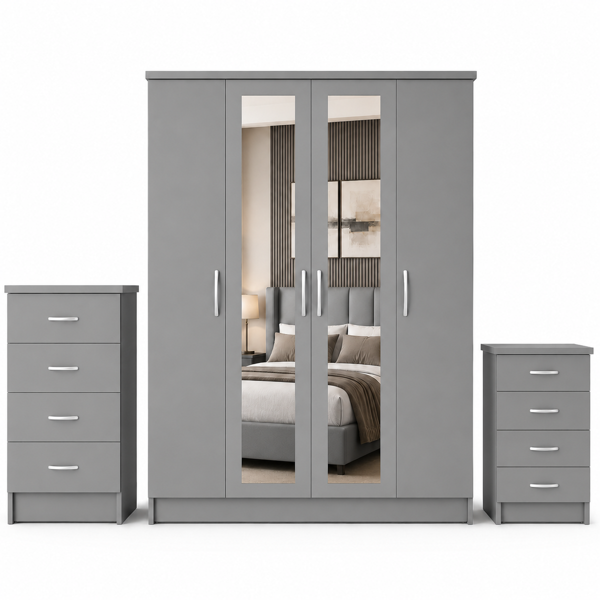 4 Door Wardrobe Set Gray | Stylish Family Storage - Luxury UK Living Room Showcase