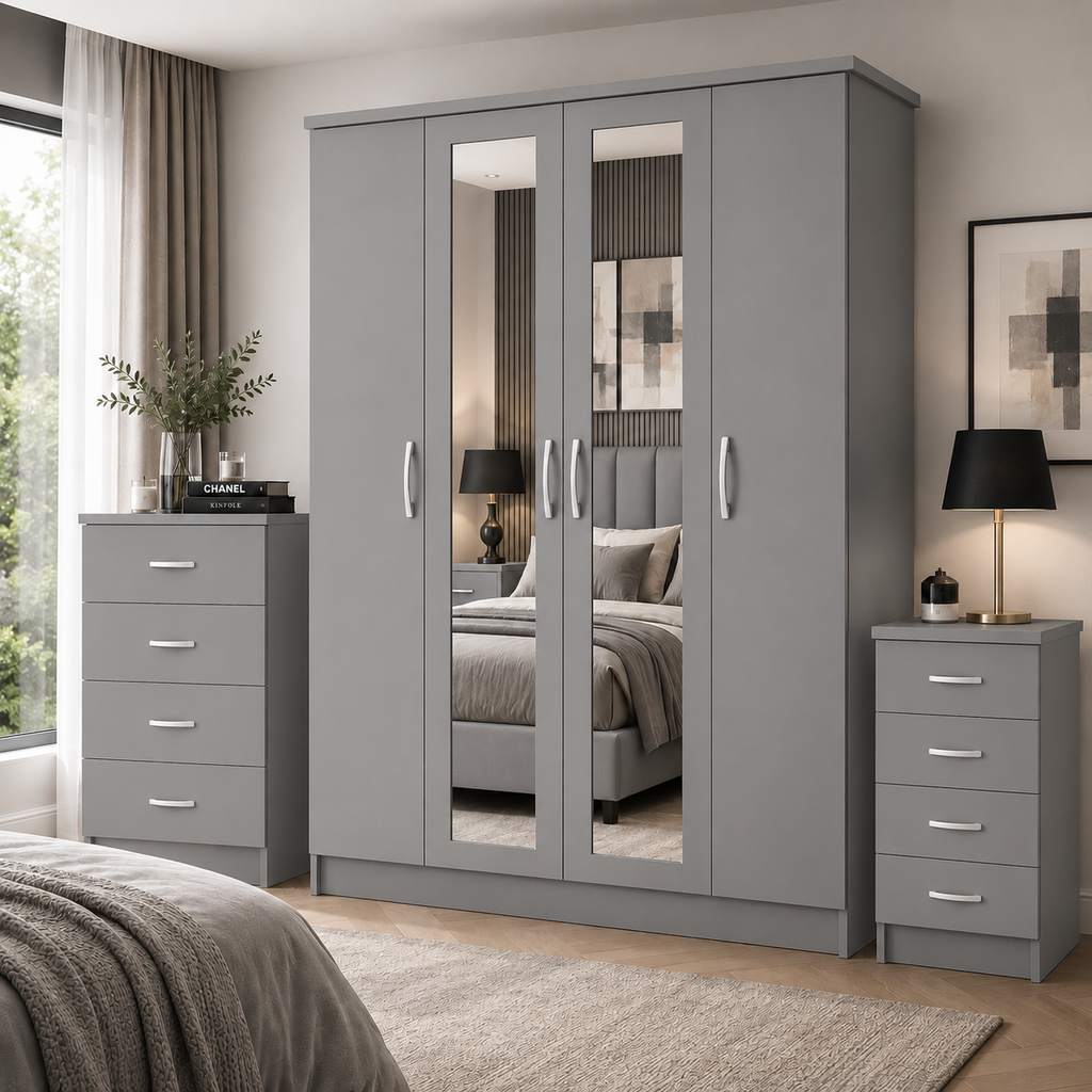 4 Door Wardrobe Set Gray | Stylish Family Storage - Detailed Angle View 4