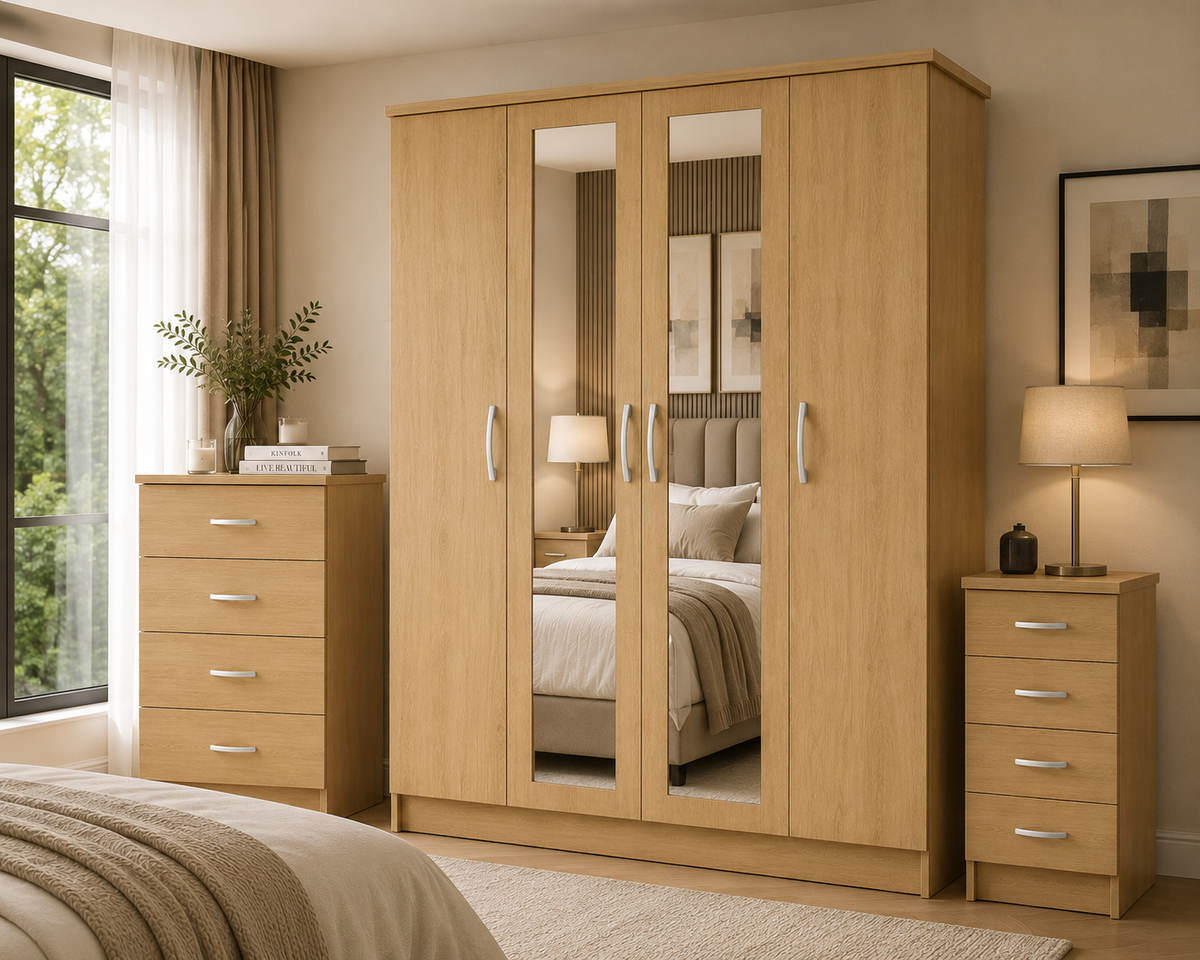 4 Door Wardrobe Set Oak | Superb Family Storage Style - Detailed Angle View 4