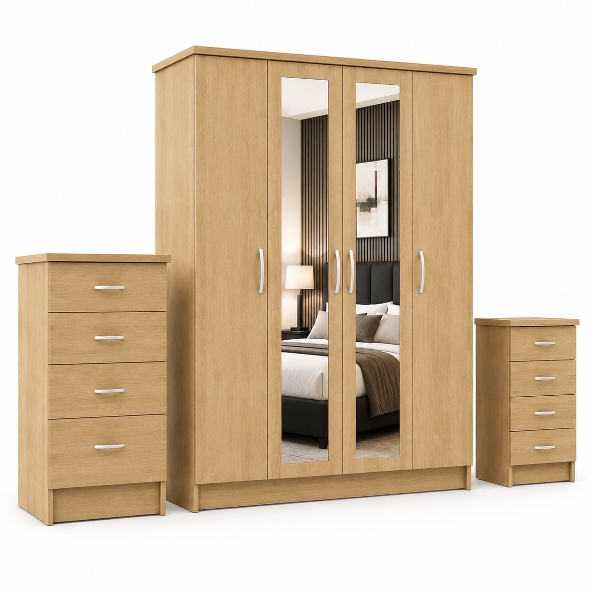 4 Door Wardrobe Set Oak | Superb Family Storage Style - Detailed Angle View 2