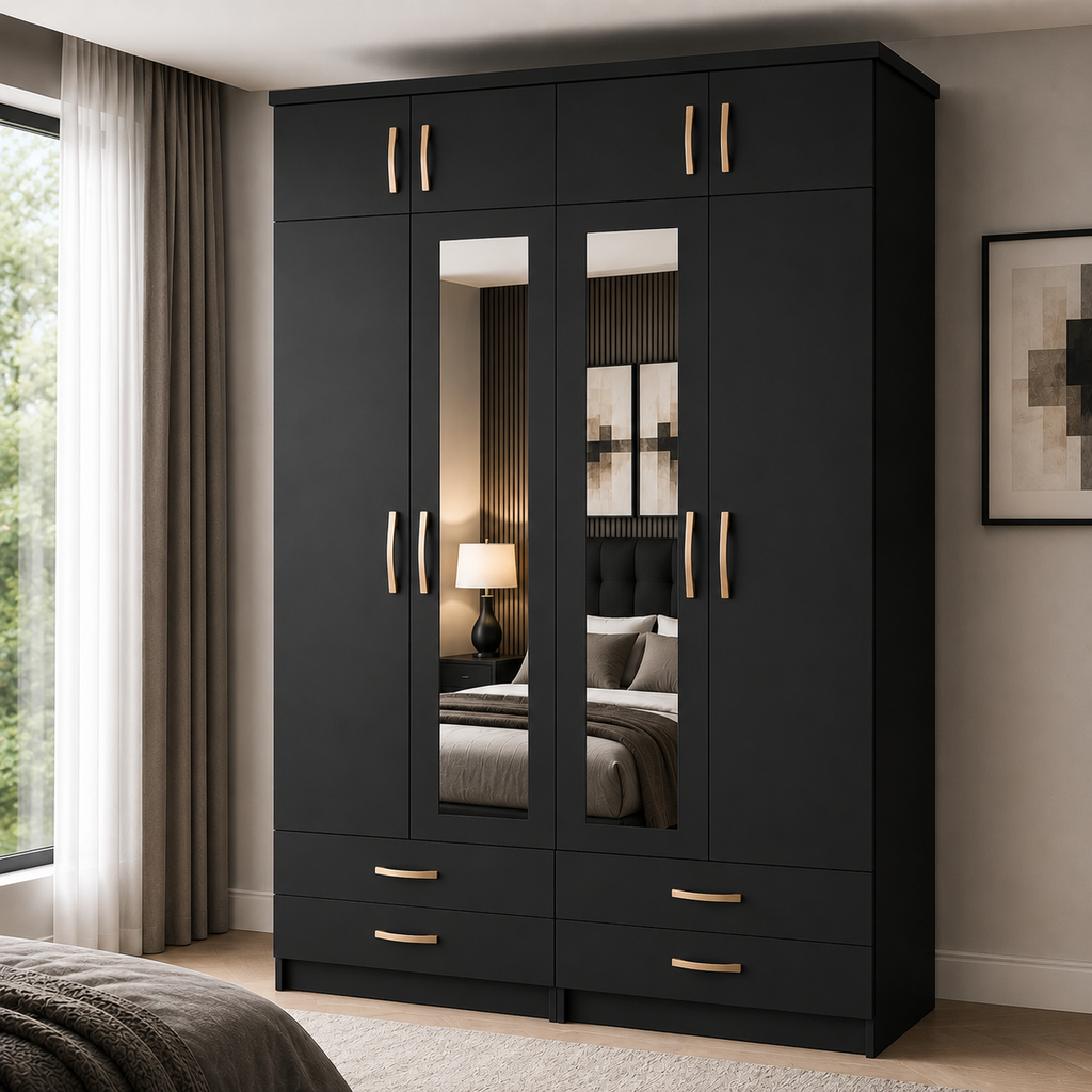 4 Door Wardrobe With Topbox Black | Executive Family Vibes - Detailed Angle View 4