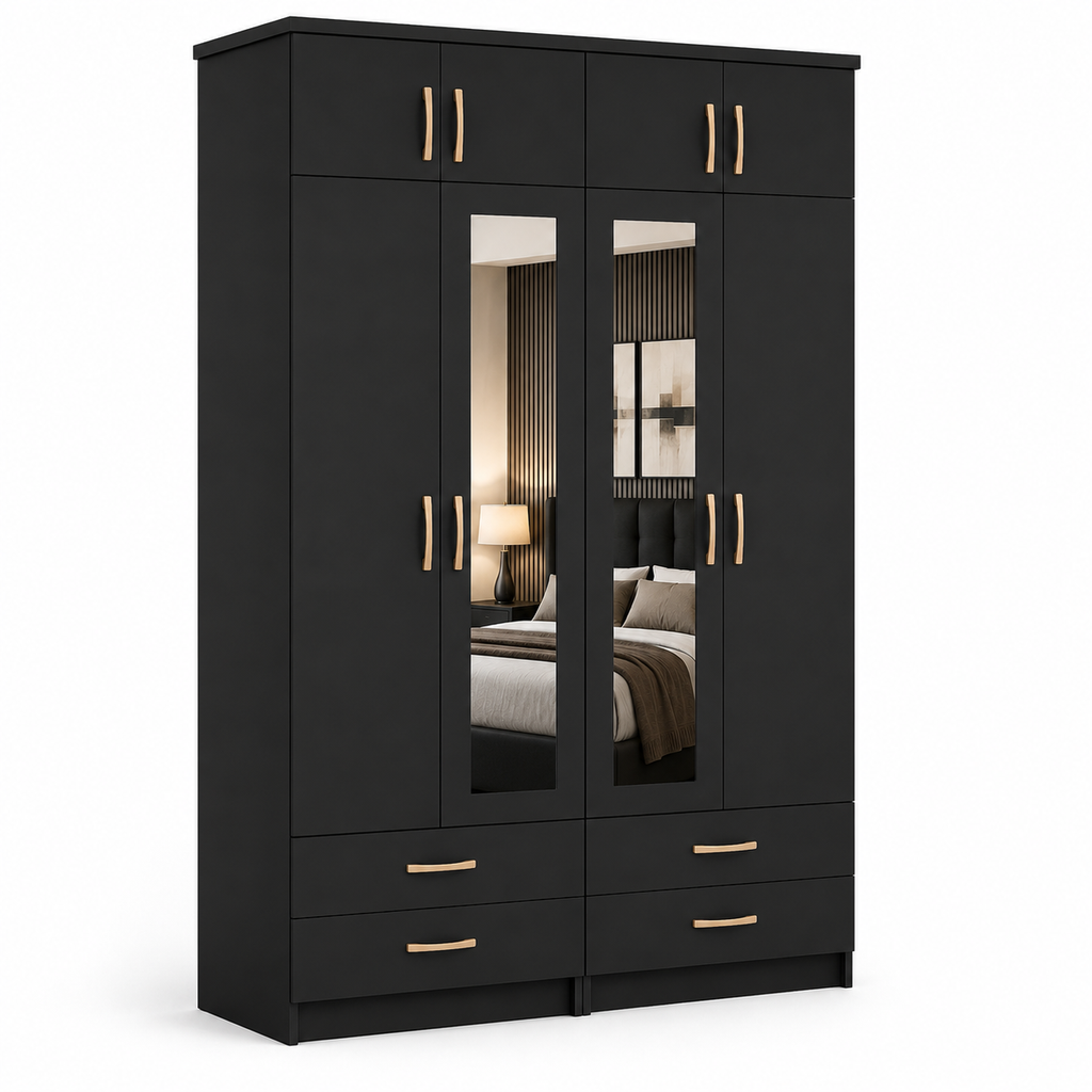 4 Door Wardrobe With Topbox Black | Executive Family Vibes - Detailed Angle View 2