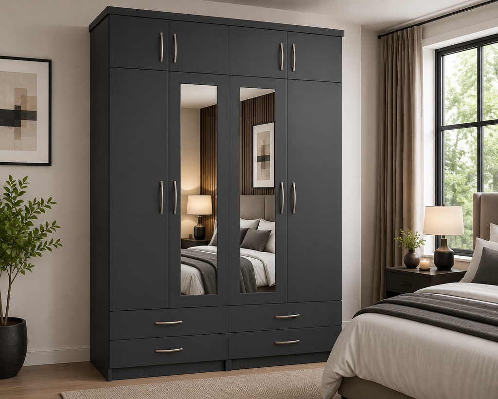 4 Door Wardrobe With Topbox Gray | Modern Storage - Detailed Angle View 4
