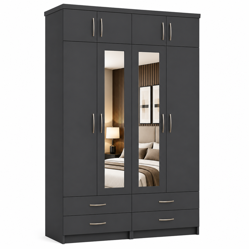 4 Door Wardrobe With Topbox Gray | Modern Storage - Detailed Angle View 2