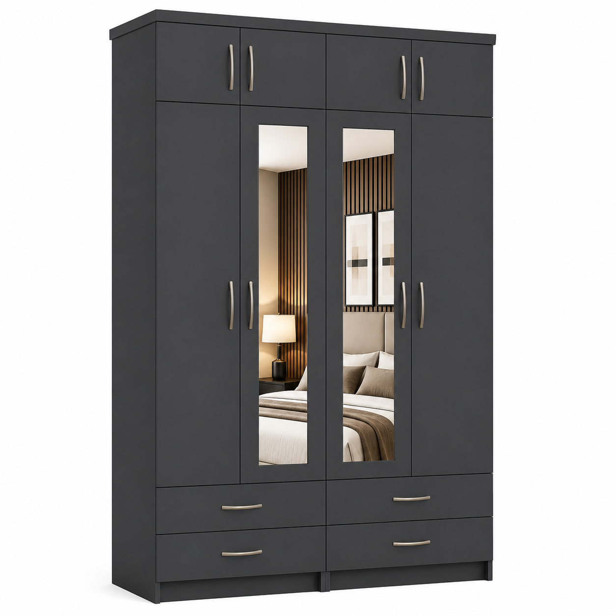 4 Door Wardrobe With Topbox Gray | Modern Storage - Detailed Angle View 2