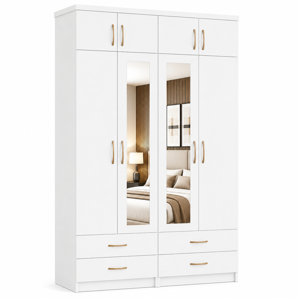 4 Door Wardrobe With Topbox White | Smart Family Storage - Detailed Angle View 2