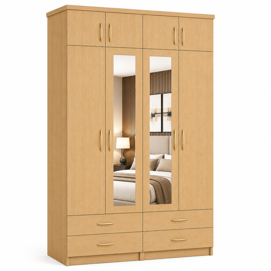 4 Door Wardrobe With Topbox Oak | Trending Family Storage - Detailed Angle View 2