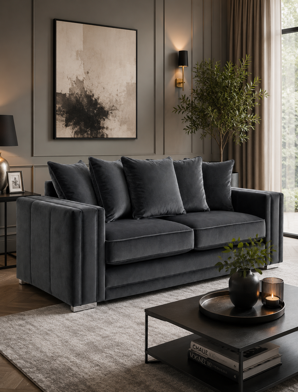 Ruby Alaska 3 Seater Plush Velvet Dark Grey Sofa - Detailed Angle View 4