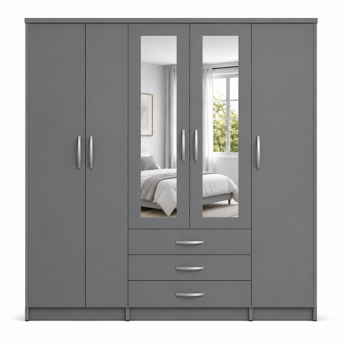 5 Door Wardrobe Gray – Modern Mirrored Bedroom Storage - Luxury UK Living Room Showcase