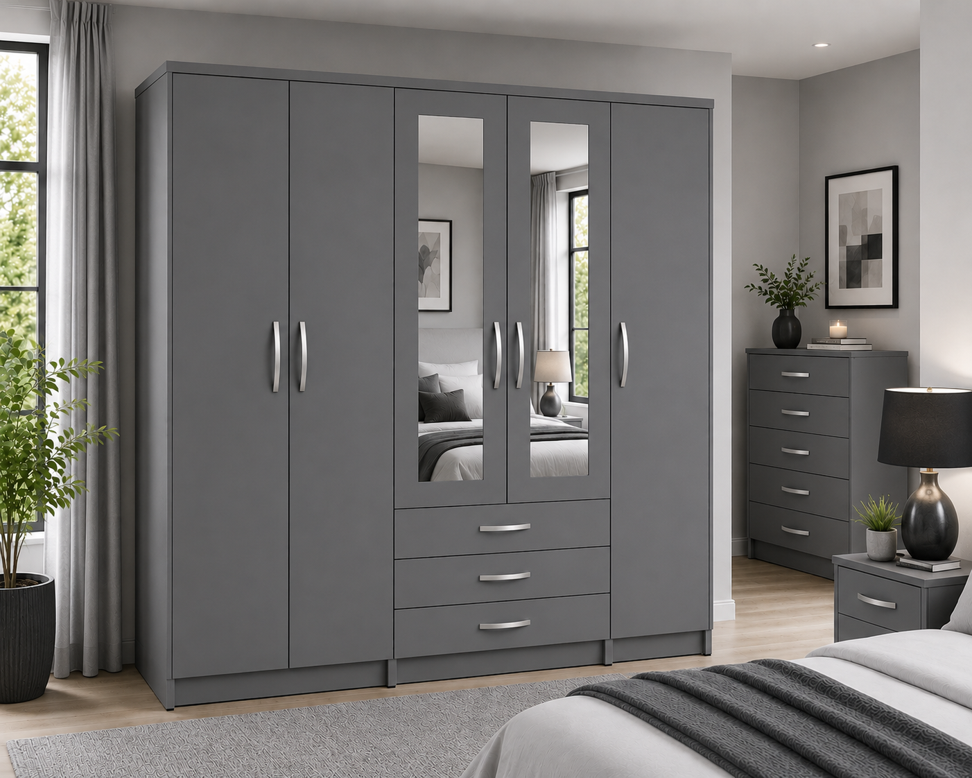 5 Door Wardrobe Gray – Modern Mirrored Bedroom Storage - Detailed Angle View 4
