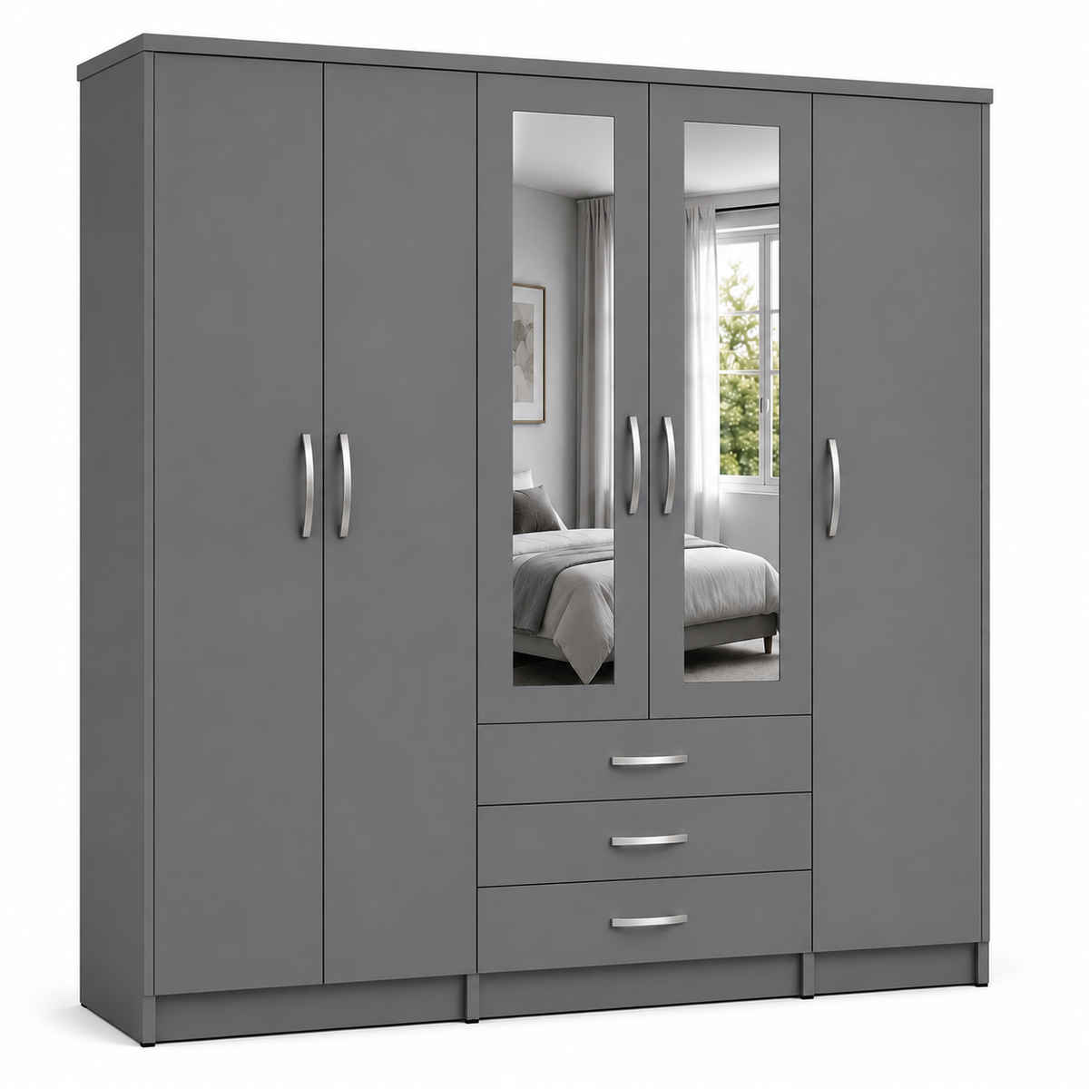 5 Door Wardrobe Gray – Modern Mirrored Bedroom Storage - Detailed Angle View 2