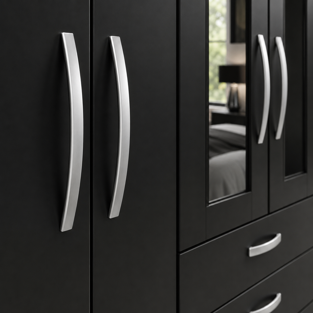 5 Door Wardrobe Set Black – Modern Mirrored Bedroom Furniture - Detailed Angle View 2
