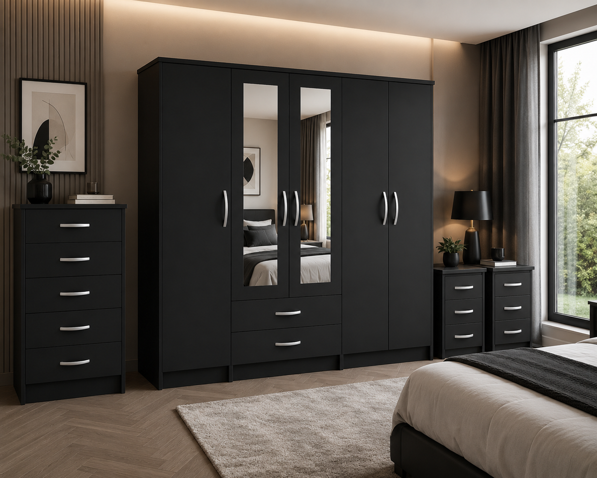 5 Door Wardrobe Set Black – Modern Mirrored Bedroom Furniture - Detailed Angle View 4