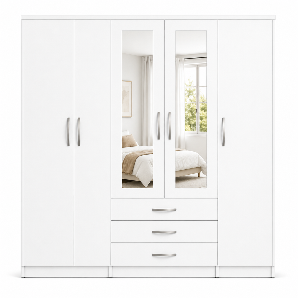 5 Door Wardrobe White – Modern Mirrored Bedroom Storage - Luxury UK Living Room Showcase