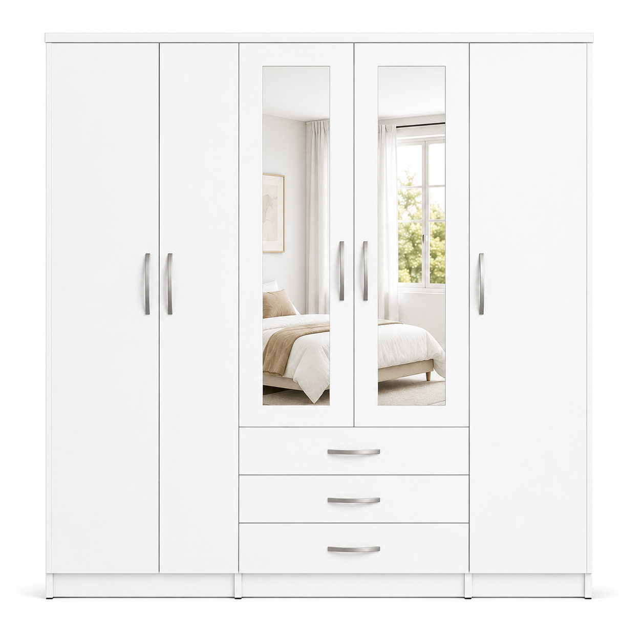5 Door Wardrobe White – Modern Mirrored Bedroom Storage - Luxury UK Living Room Showcase