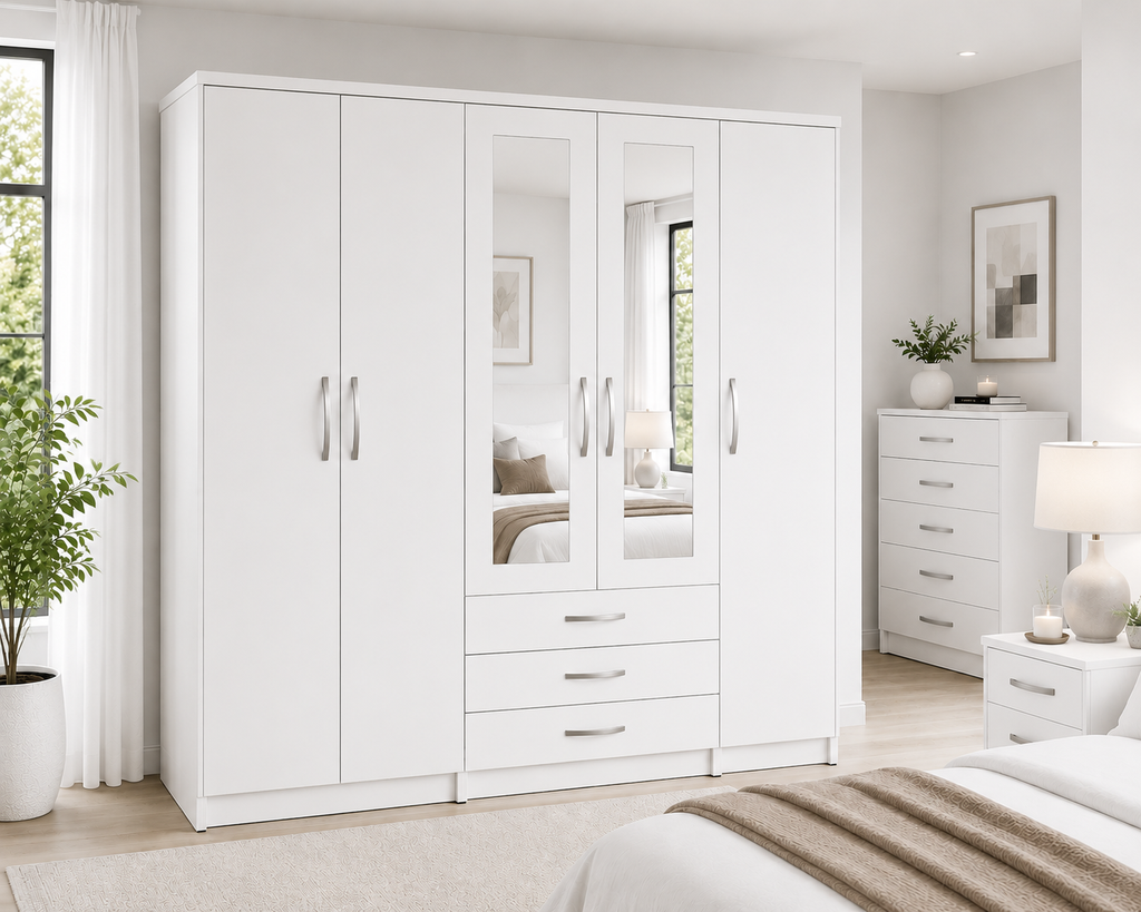 5 Door Wardrobe White – Modern Mirrored Bedroom Storage - Detailed Angle View 4
